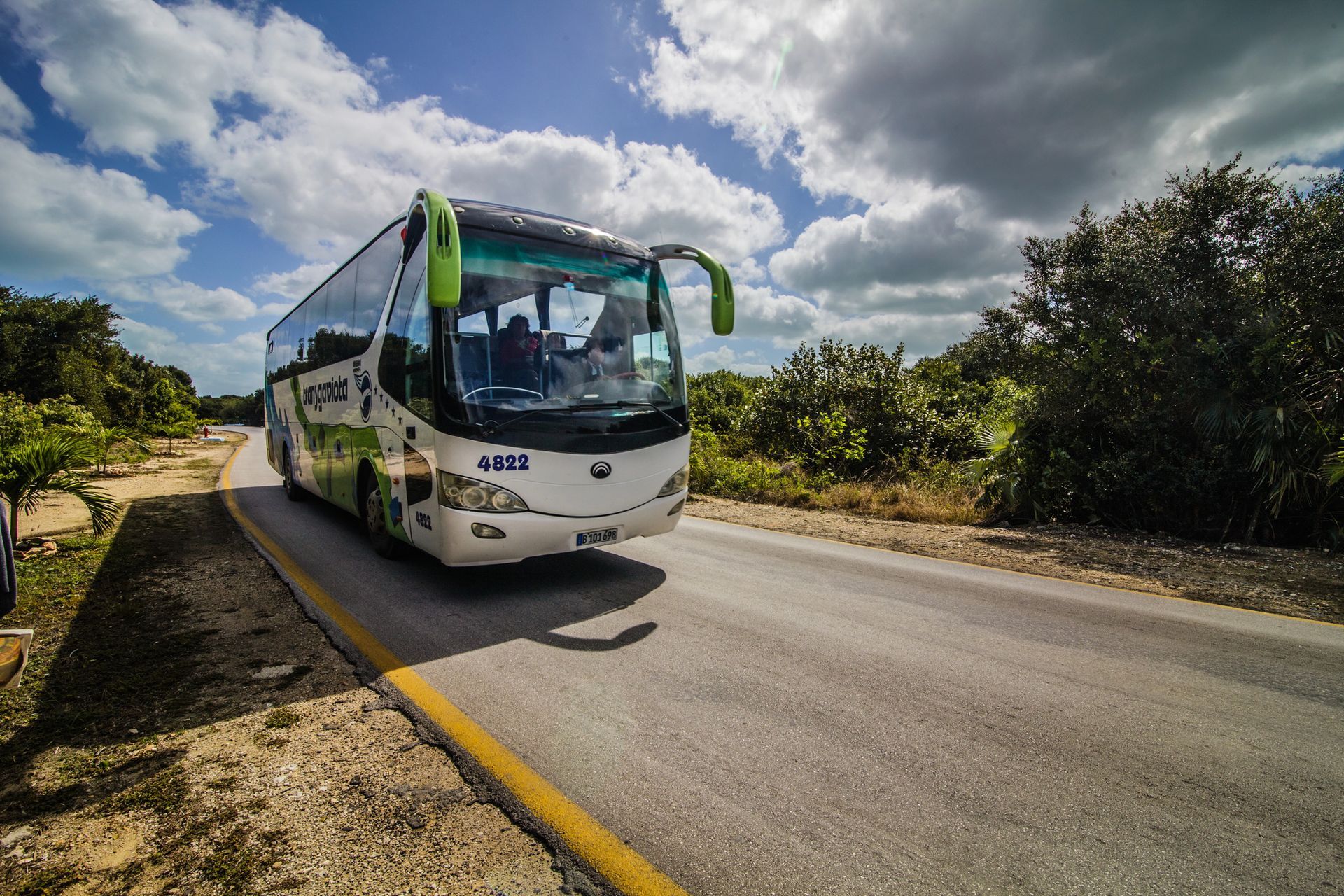 Un autobús de pasajeros blanco y verde circula por una carretera rural bajo un cielo nublado.