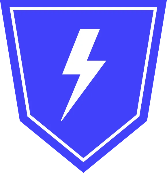 A blue shield with a white icon on it