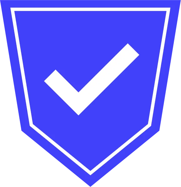 A blue shield with a white check mark on it.