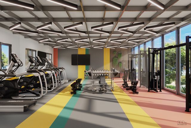 Modern gym interior with treadmills, exercise bikes, and colorful floor stripes under large windows
