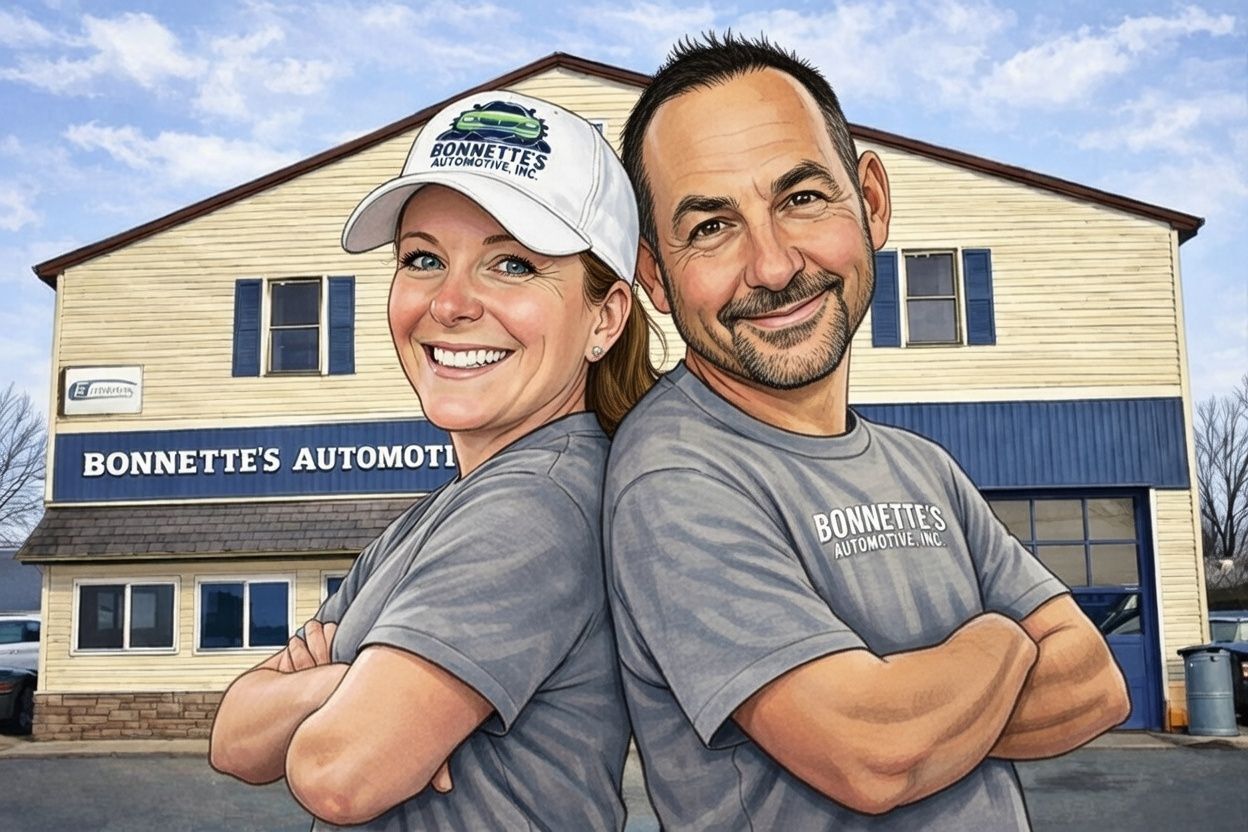 Bob and Rob Drawn in Cartoon-like Art Style Standing in front of shop | Bonnettes Automotive Inc