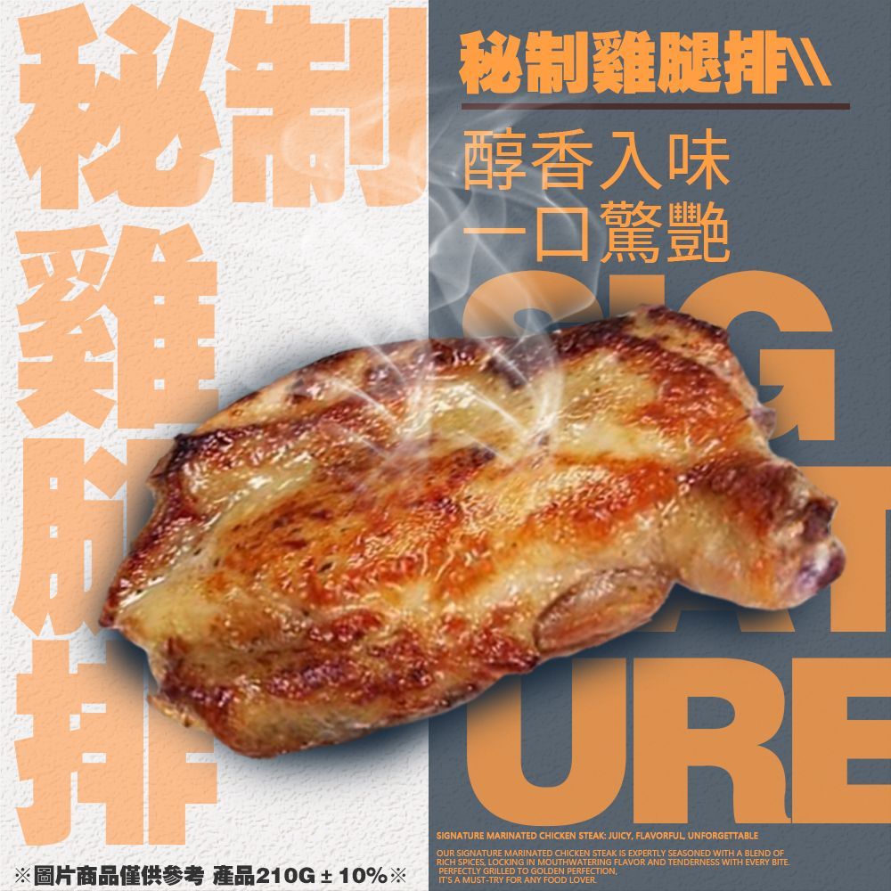 烤雞腿，配文「秘製雞腿，香噴噴，好吃」。