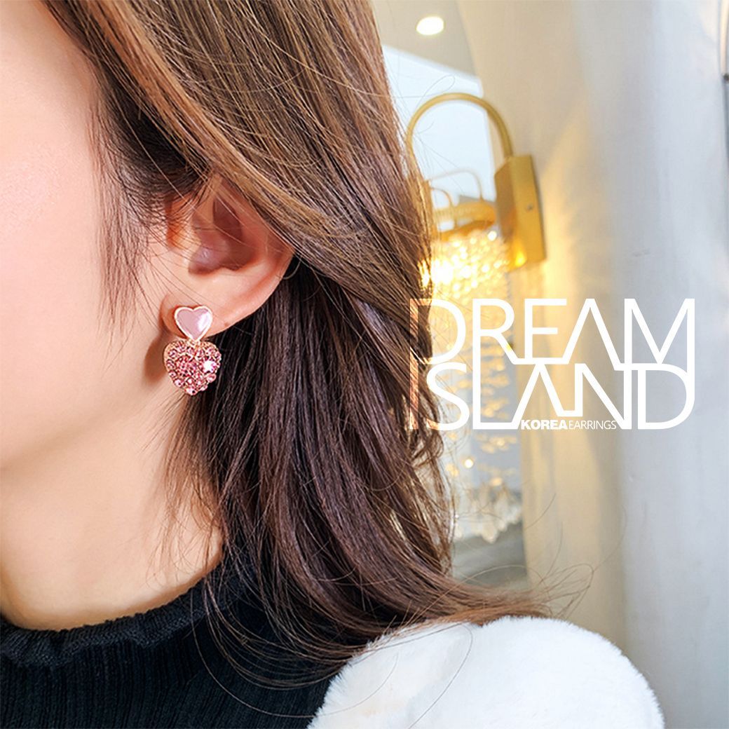 S925銀針韓國全新幾何滿鑽耳環滴釉粉紅方塊網紅氣質耳環耳飾