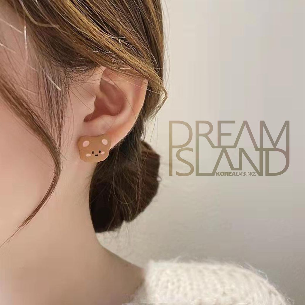 s925銀針臉紅AB小熊耳環立體蝴蝶結高級耳環千鳥格不對稱