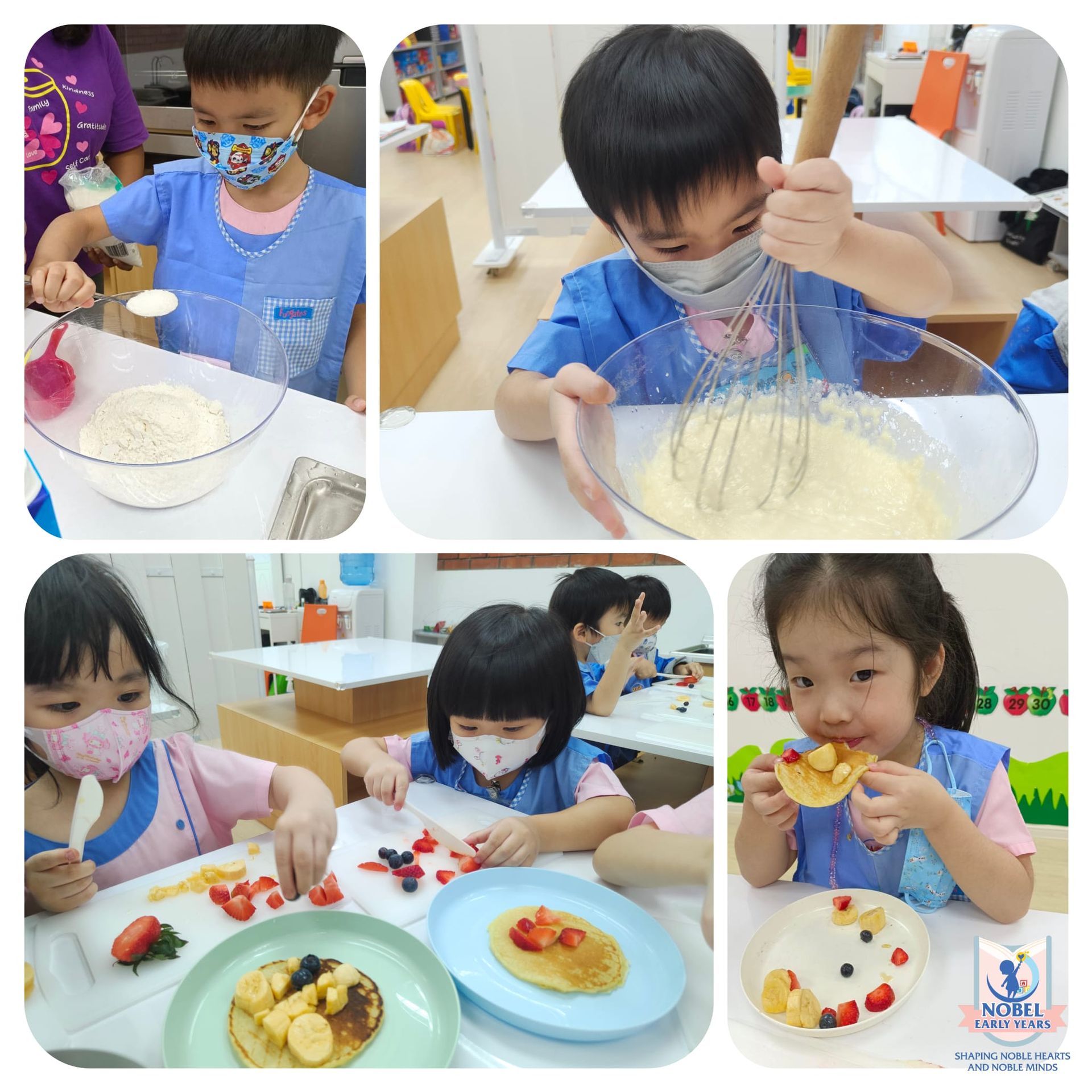 Children making and decorating pancakes in a classroom.