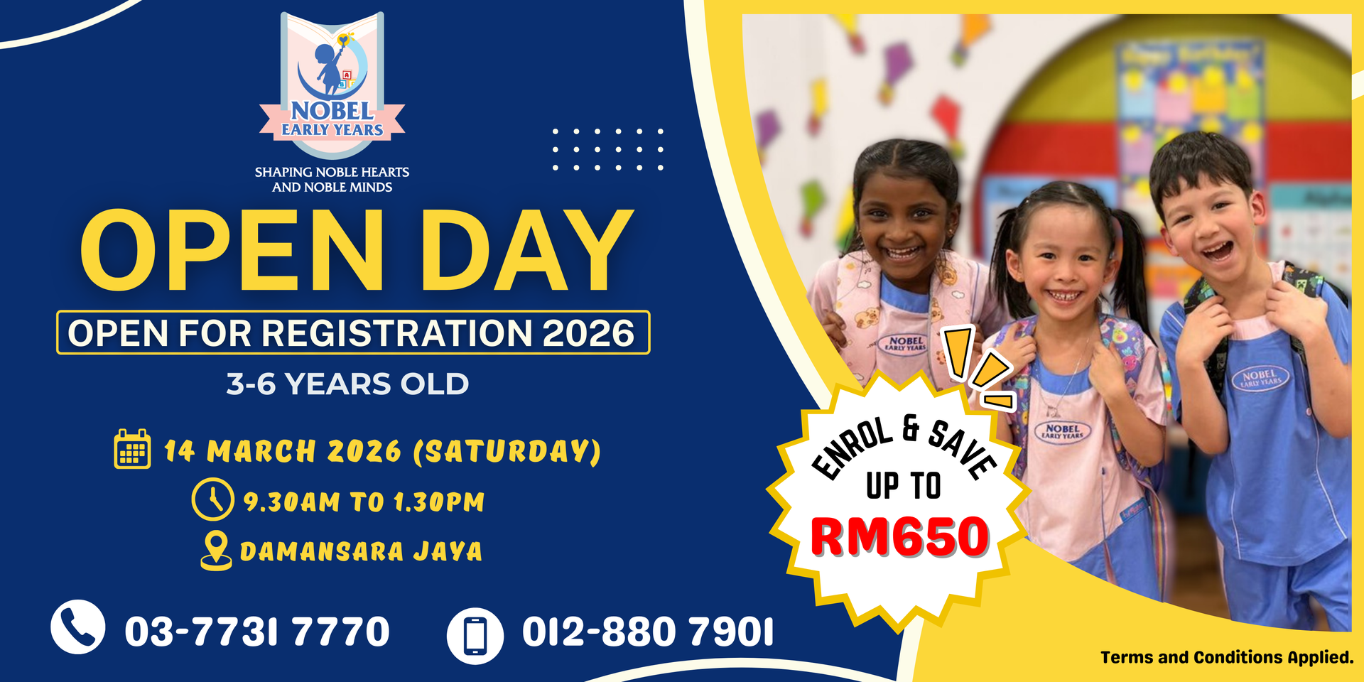 Open day advertisement. Two children, 3-6 years old, holding books. Open for 2025 registration, Damansara Jaya.