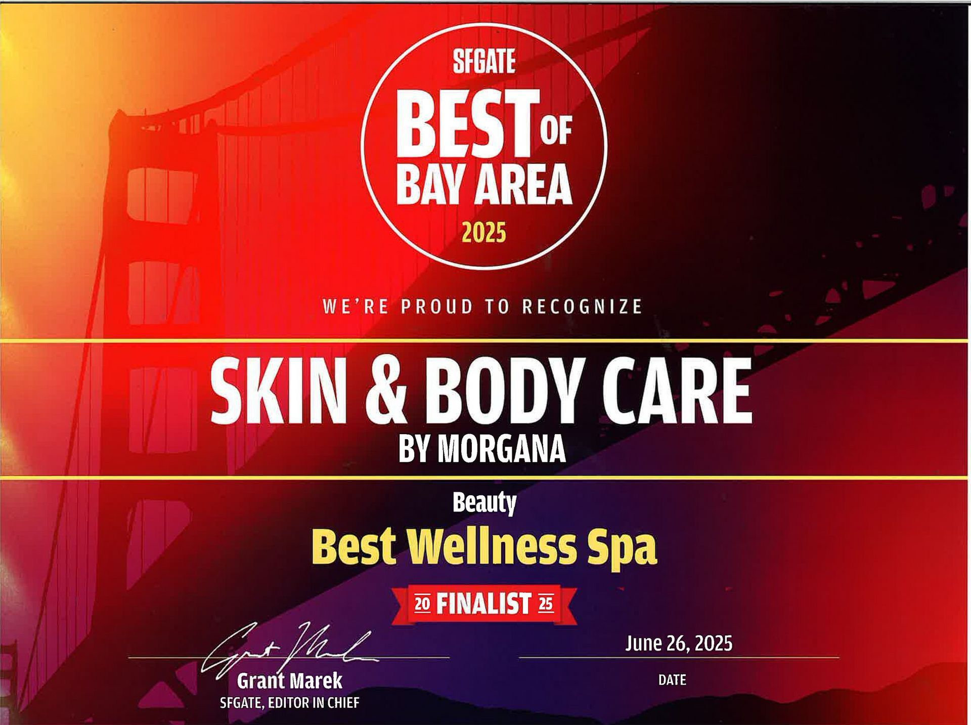 A certificate that says best of bay area skin and body care by morgana