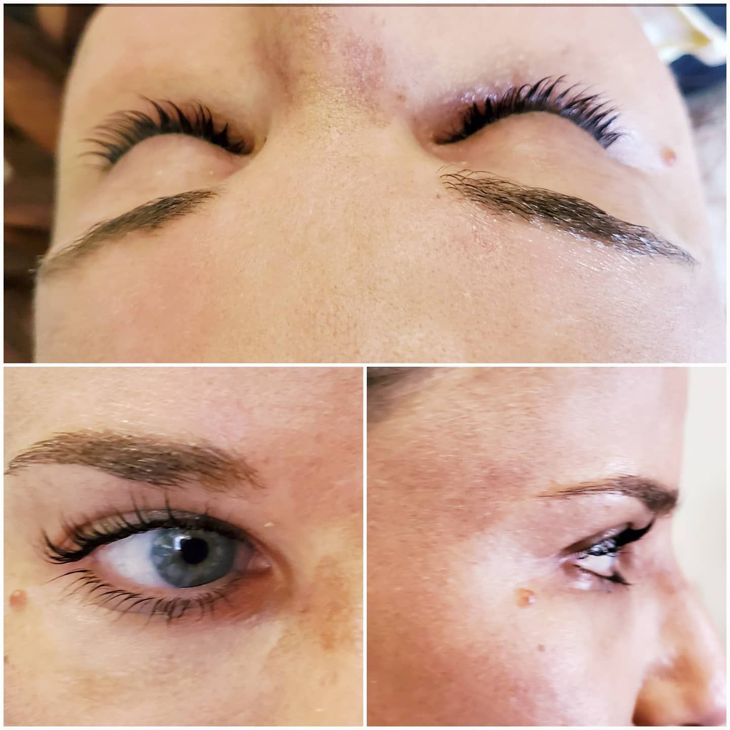 A collage of three pictures of a woman 's eyelashes and eyebrows