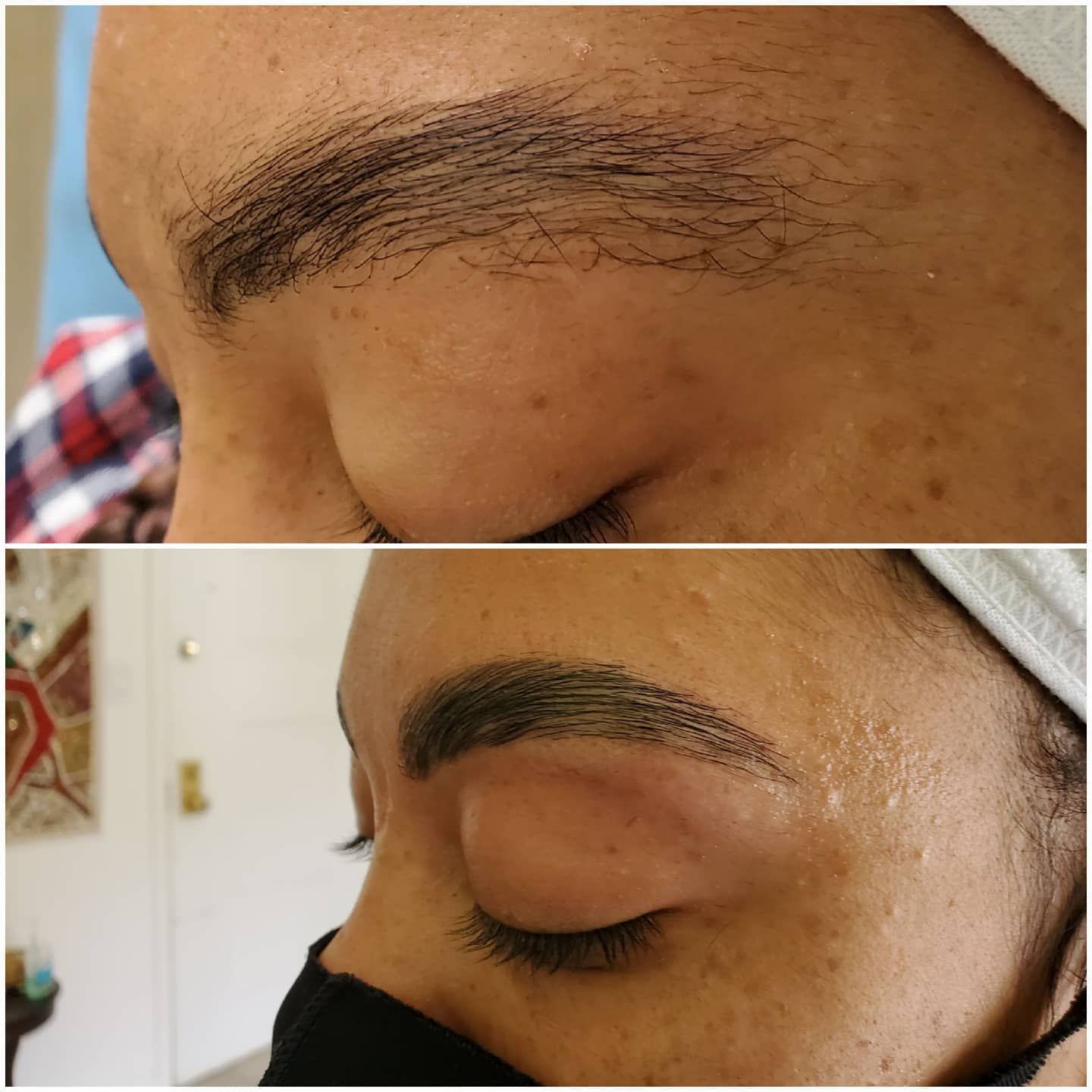 A before and after picture of a woman 's eyebrows