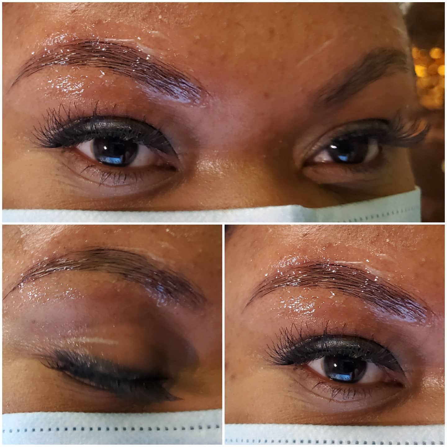 A close up of a woman 's face with a mask on