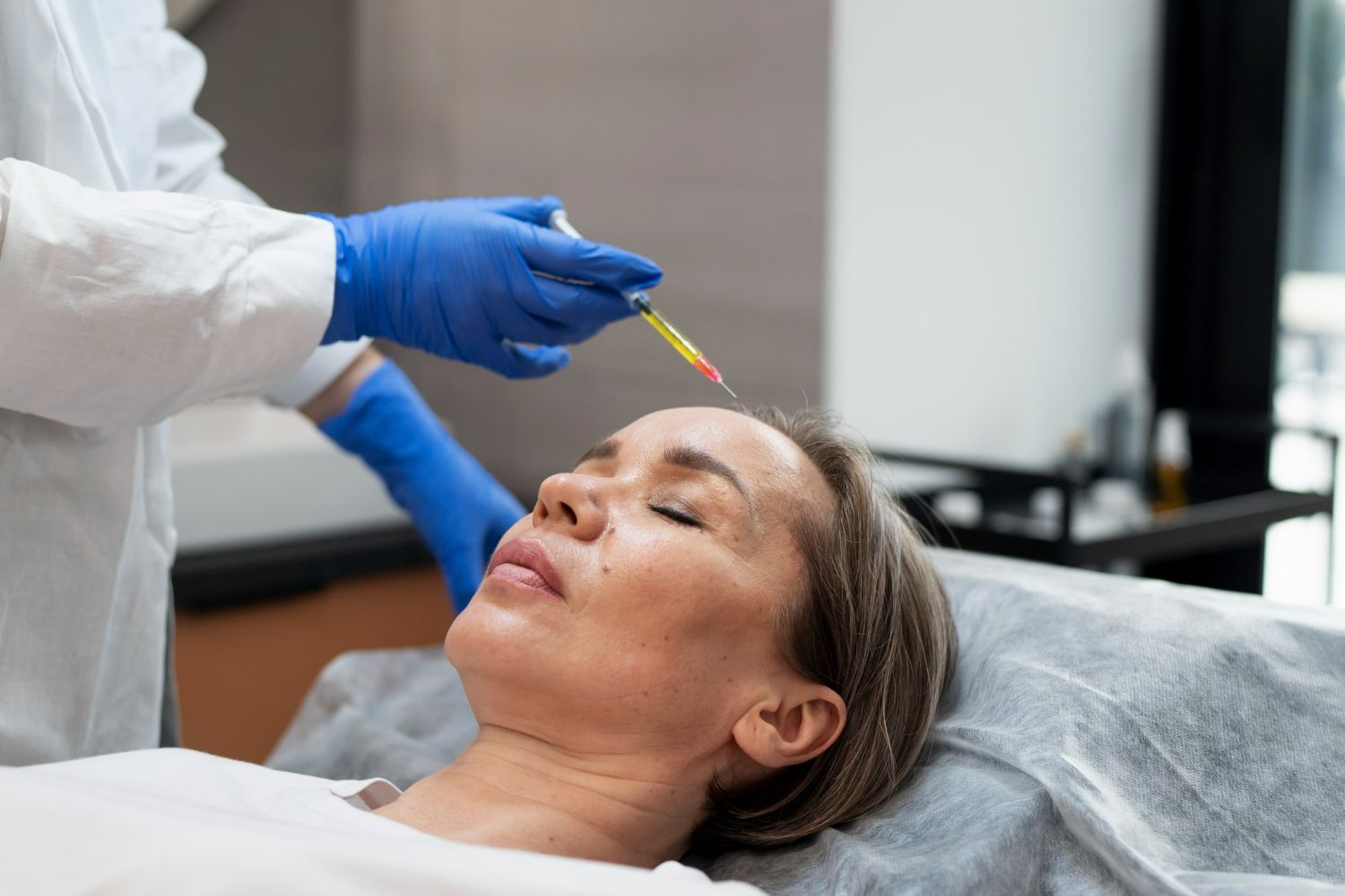 A person receiving an injection to their forehead by someone wearing gloves, in a medical setting.
