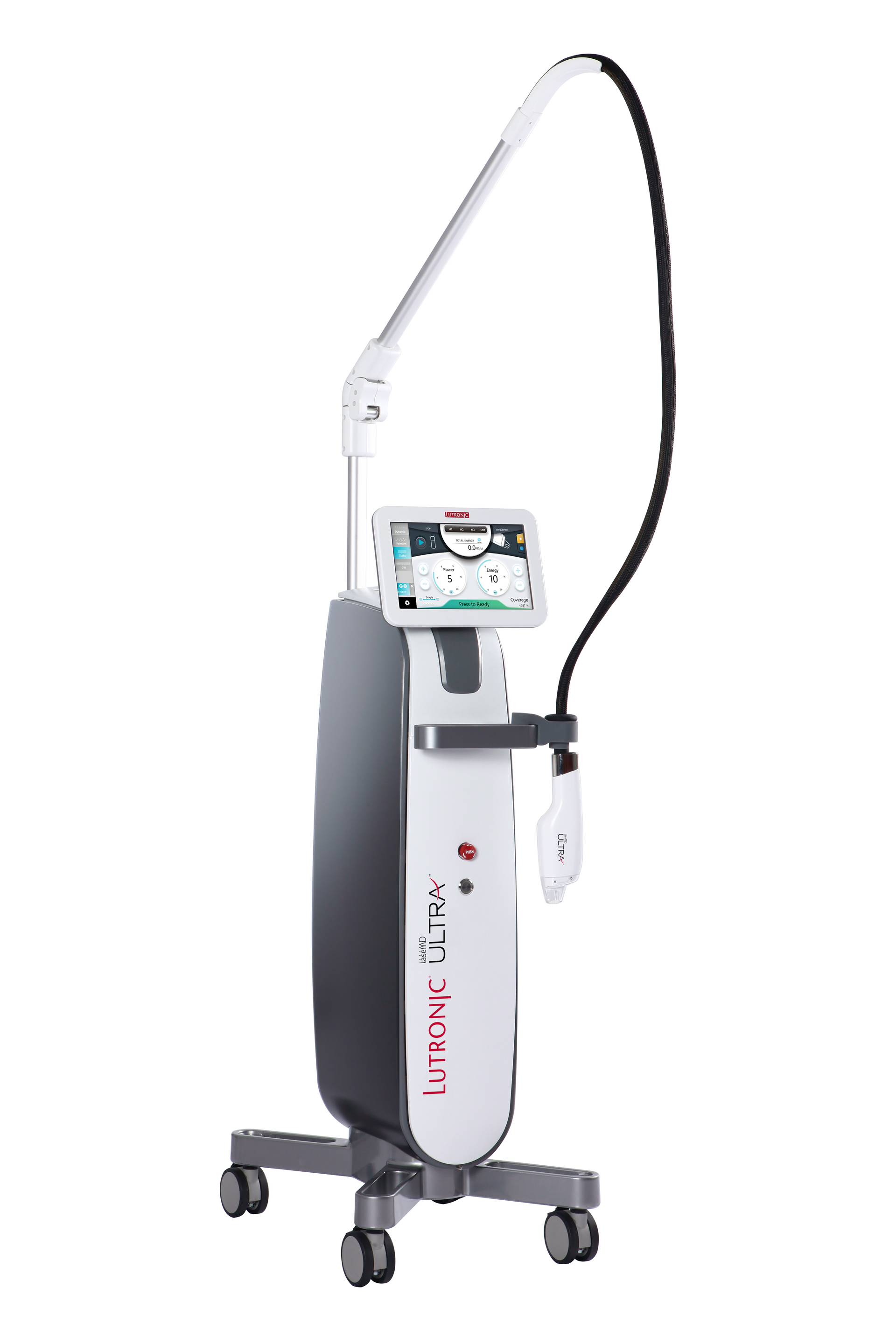 Laser skin treatment machine on wheels, white and gray, with a digital display and handpiece.