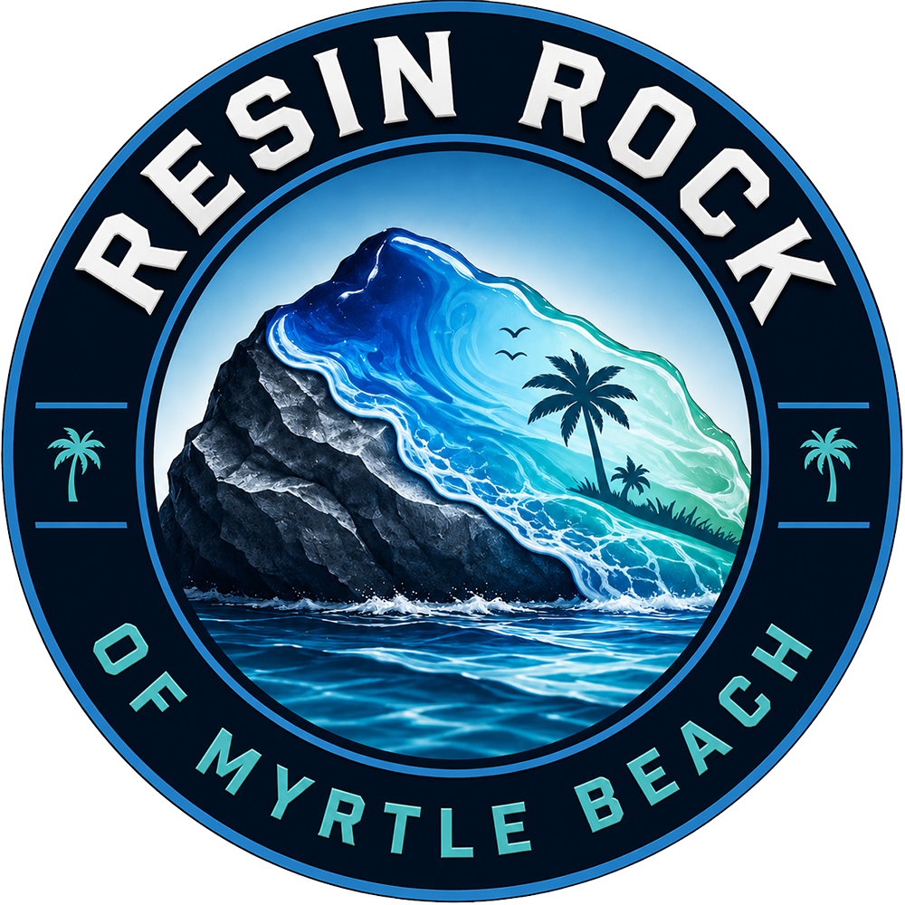Resin Rock of Myrtle Beach logo with blue wave, beach scene, and palm trees