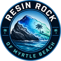 Resin Rock of Myrtle Beach logo with blue wave, beach scene, and palm trees
