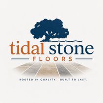 Tidal Stone Floors logo with blue wave, beach scene, and palm trees