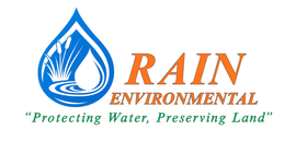 A logo for rain environmental management with a drop of water and trees