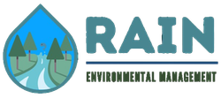 A logo for rain environmental management with a drop of water and trees