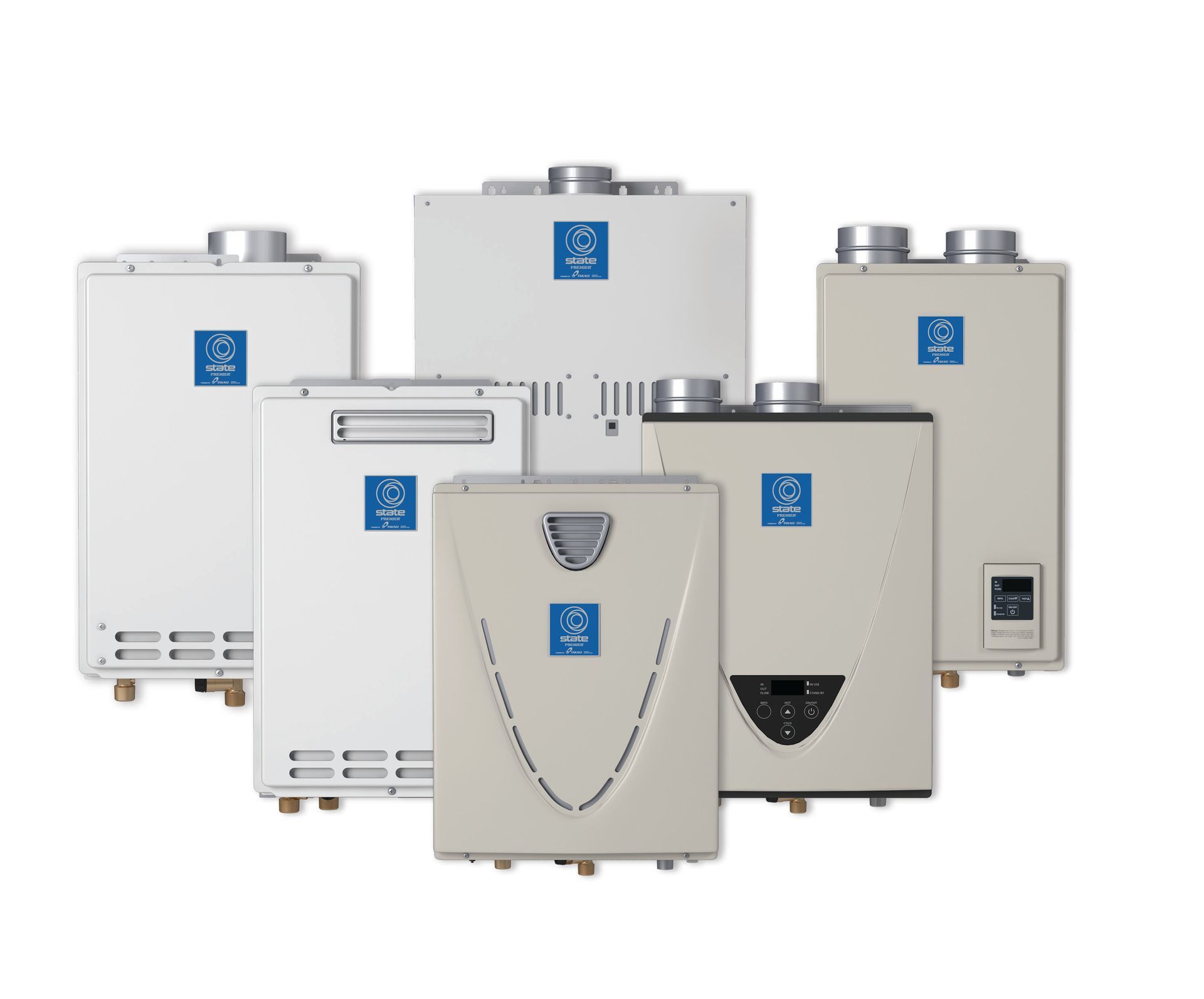 A group of water heaters are lined up on a white background