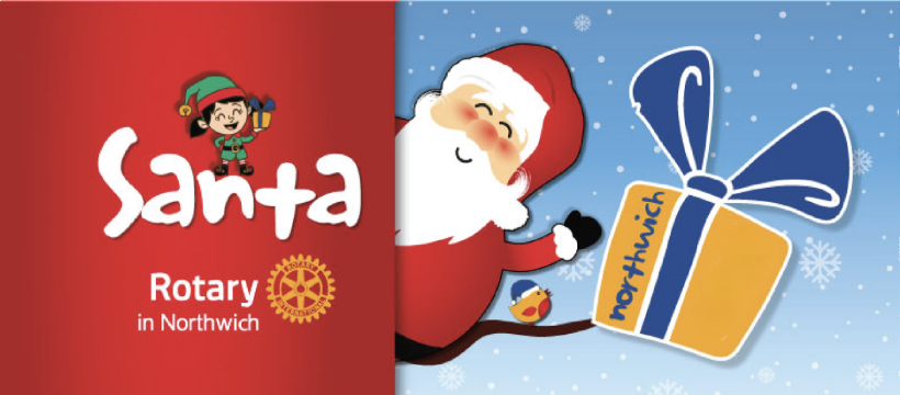 On the left is the word Santa with an elf holding a Christmas present.  On the right Santa gives a cheery wave.