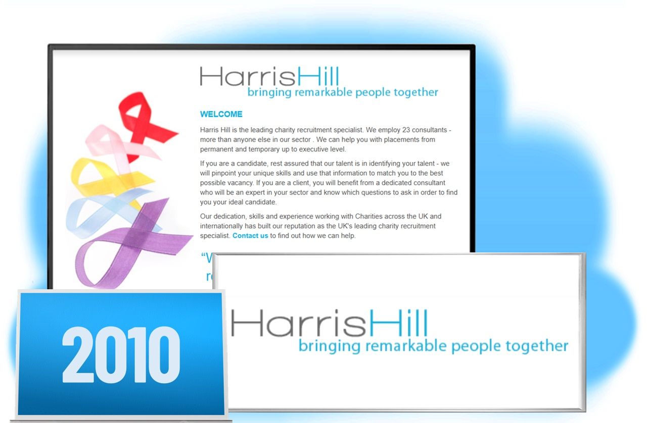 HarrisHill logo with text on laptop and document display. Ribbons stacked on left. Text says 