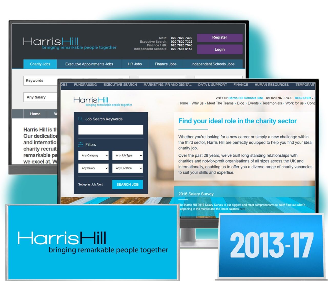 Harris Hill website screenshots, job search portal, logo, and a laptop with 