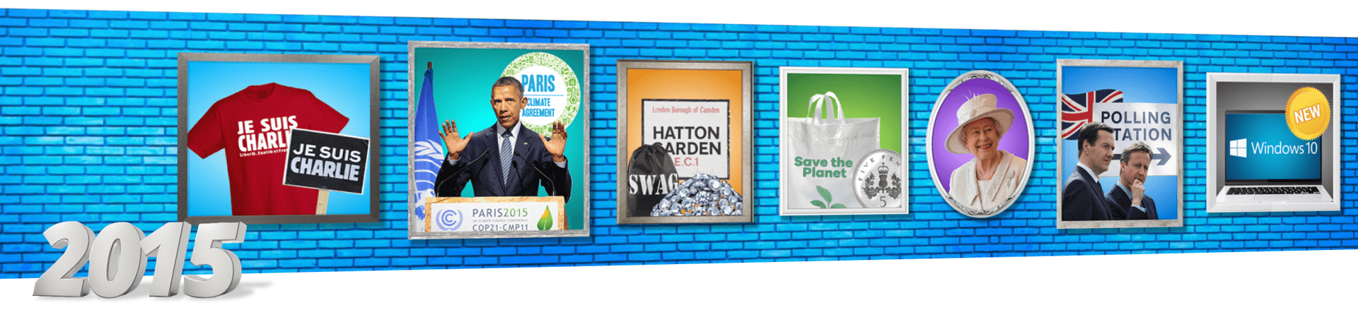 A blue background with several square images, including a red T-shirt, Obama, and a book cover. The number 2015 is at the bottom.