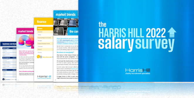 Harris Hill 2022 Salary Survey with blue gradient background and document pages.