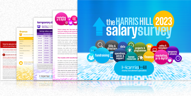 Harris Hill 2023 Salary Survey graphic. Blue background with various colored text bubbles, survey details, and booklets.