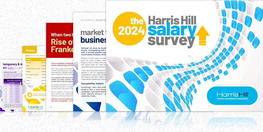 Harris Hill 2024 salary survey report cover with blue and white abstract design and rising arrow.