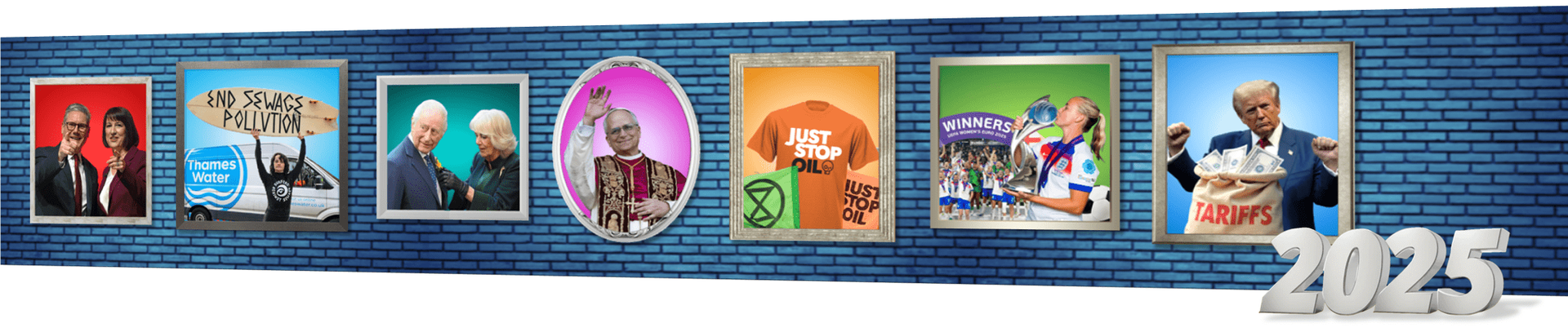 A blue brick wall with several framed images, including people and objects, with 