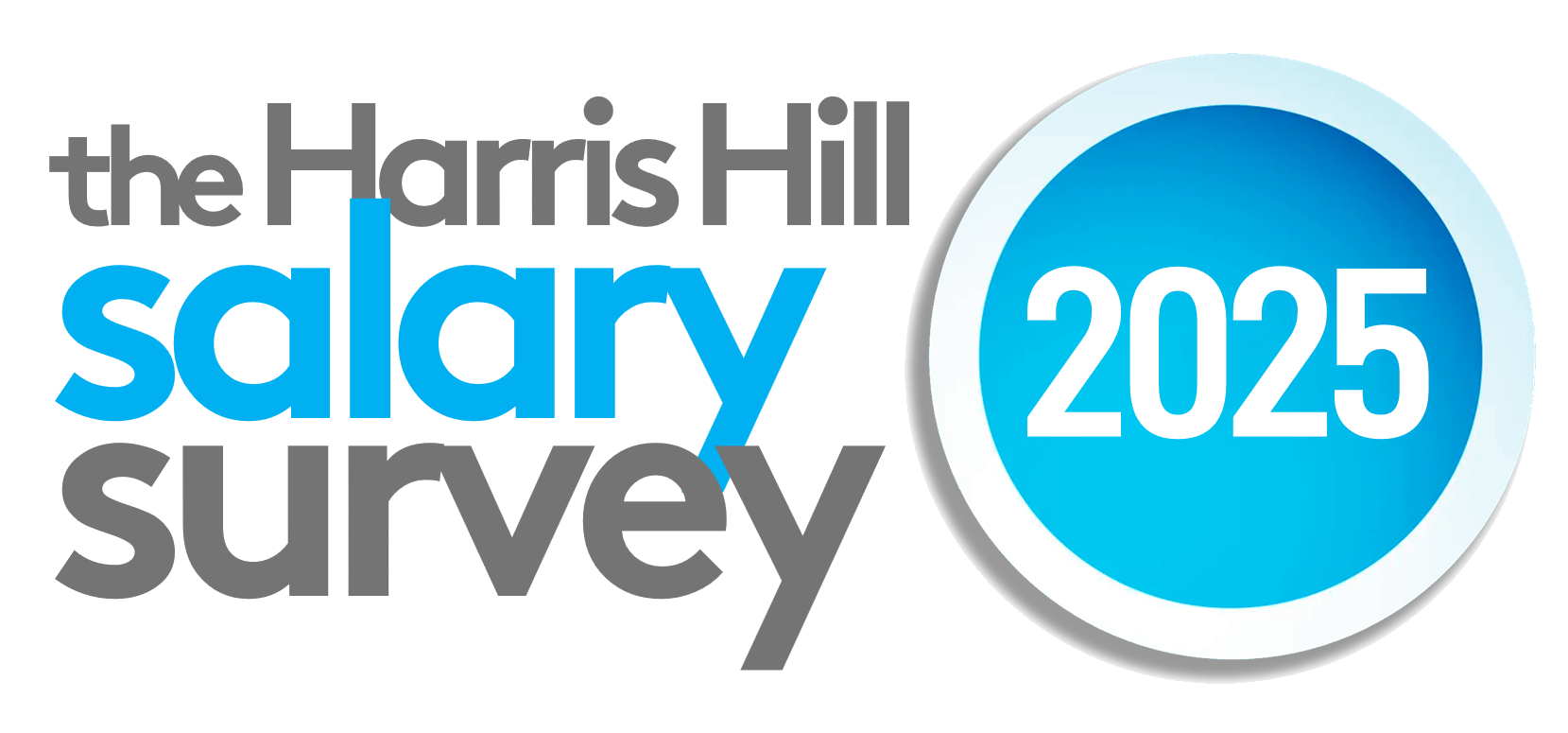 The Harris Hill salary survey 2025 logo. Blue circle with white text. Grey and blue text.