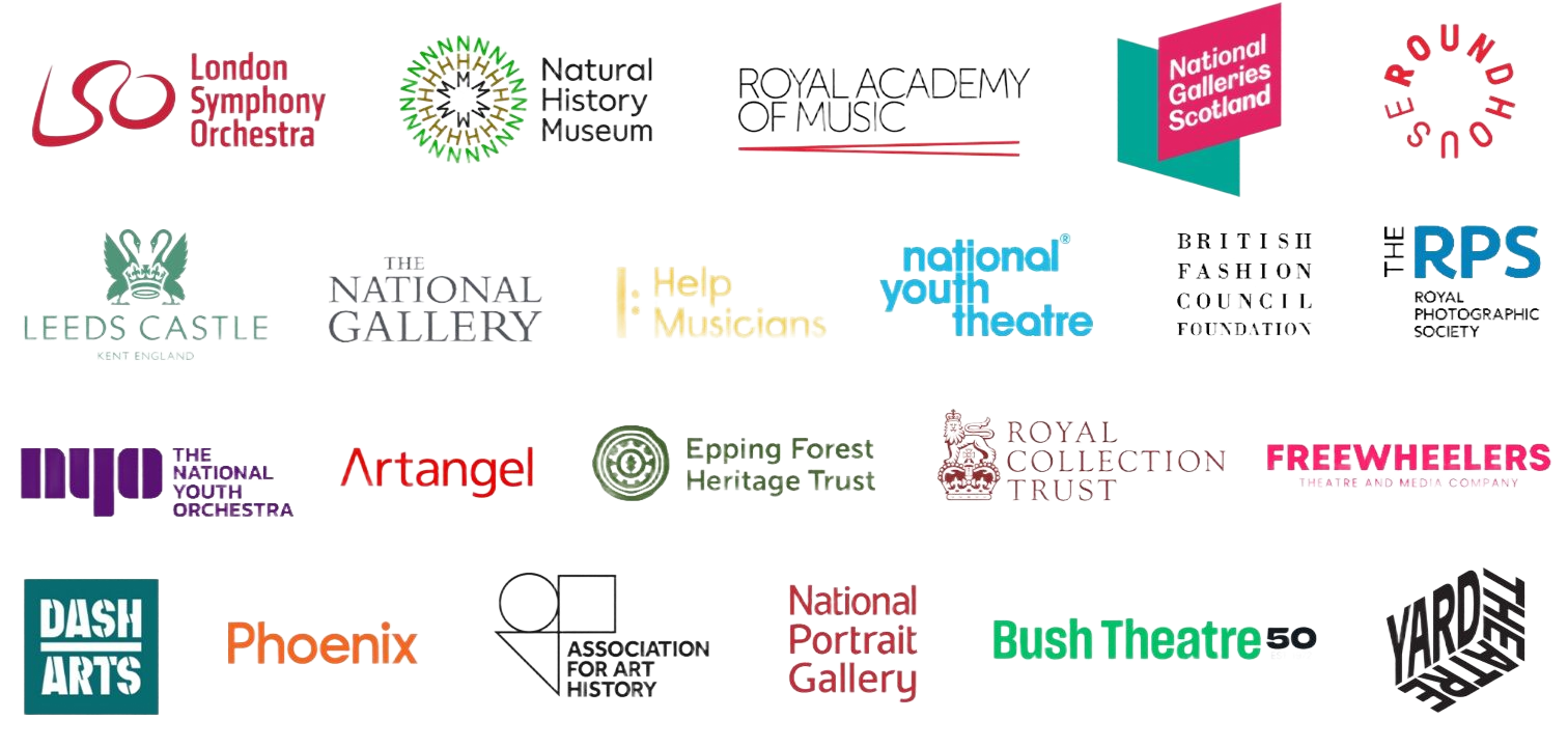 Logos of various cultural institutions, including museums, theaters, and orchestras, arranged in rows.