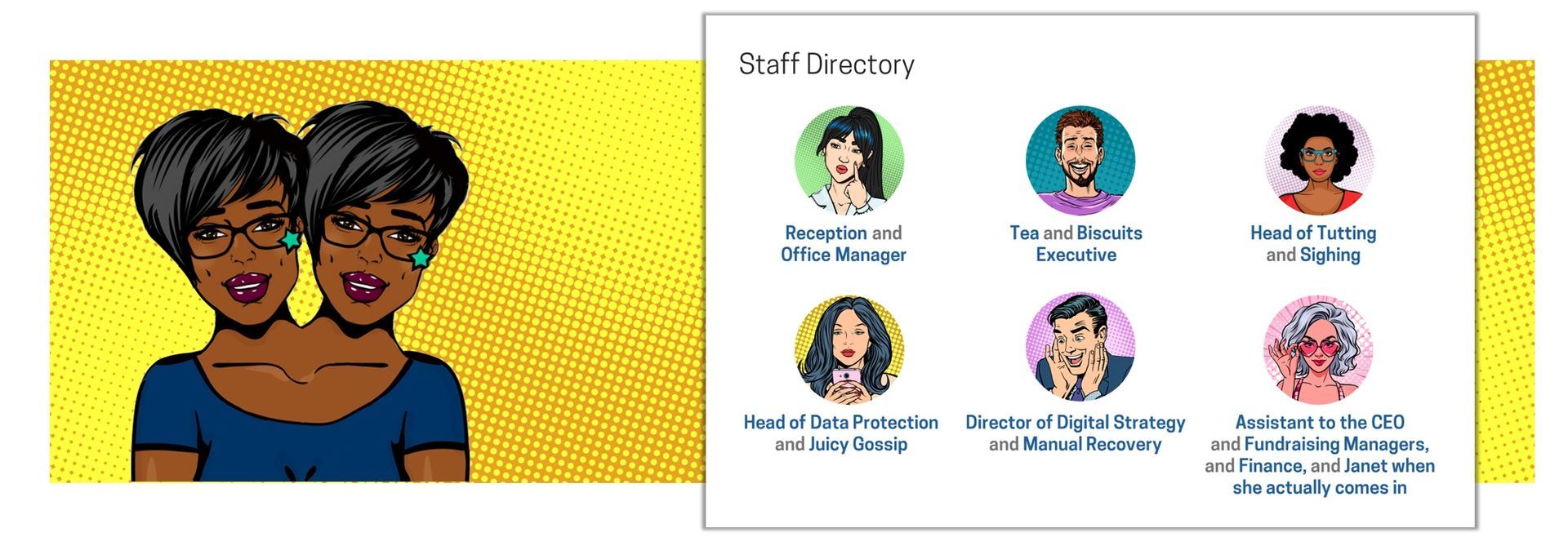 Artwork of conjoined twins with a pop art style background, next to a panel of cartoon profile pictures.