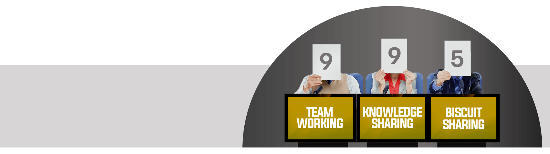 People holding cards with numbers 9, 9, and 5. Text on the desks: 