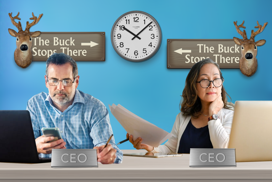 Two people identified as CEOs sit at a desk in front of a blue wall with clocks and wall art featuring deer heads.