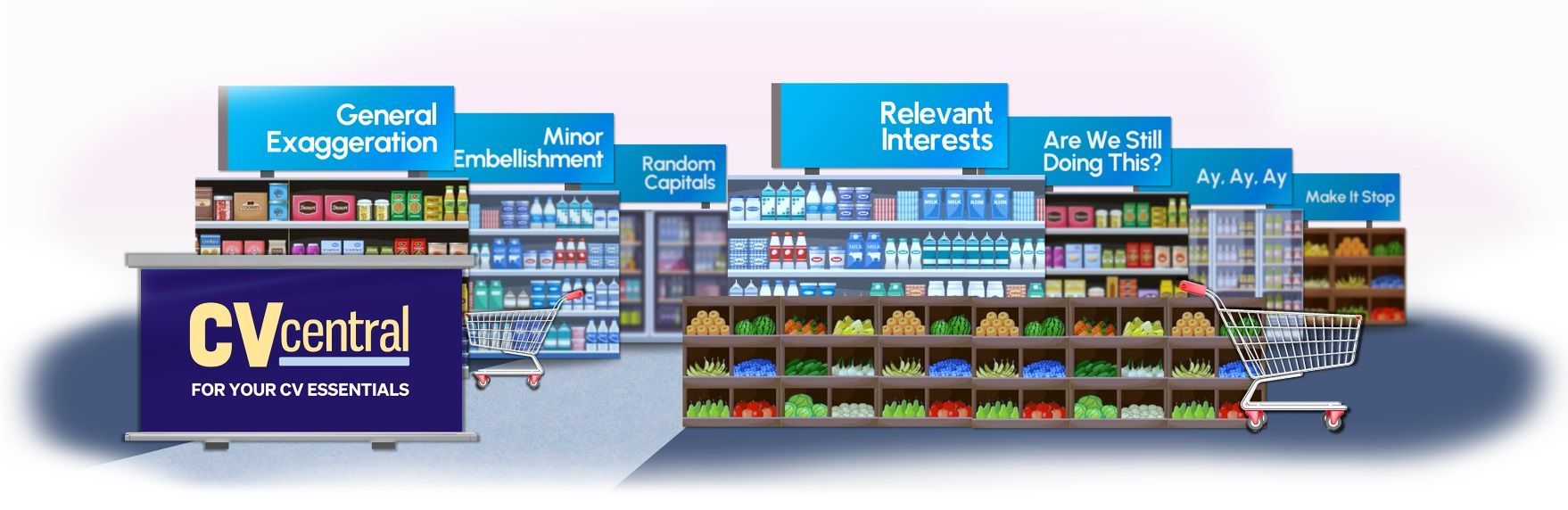A grocery store setting. Shelves display various products. Blue signs label departments, and a shopping cart stands near the produce.
