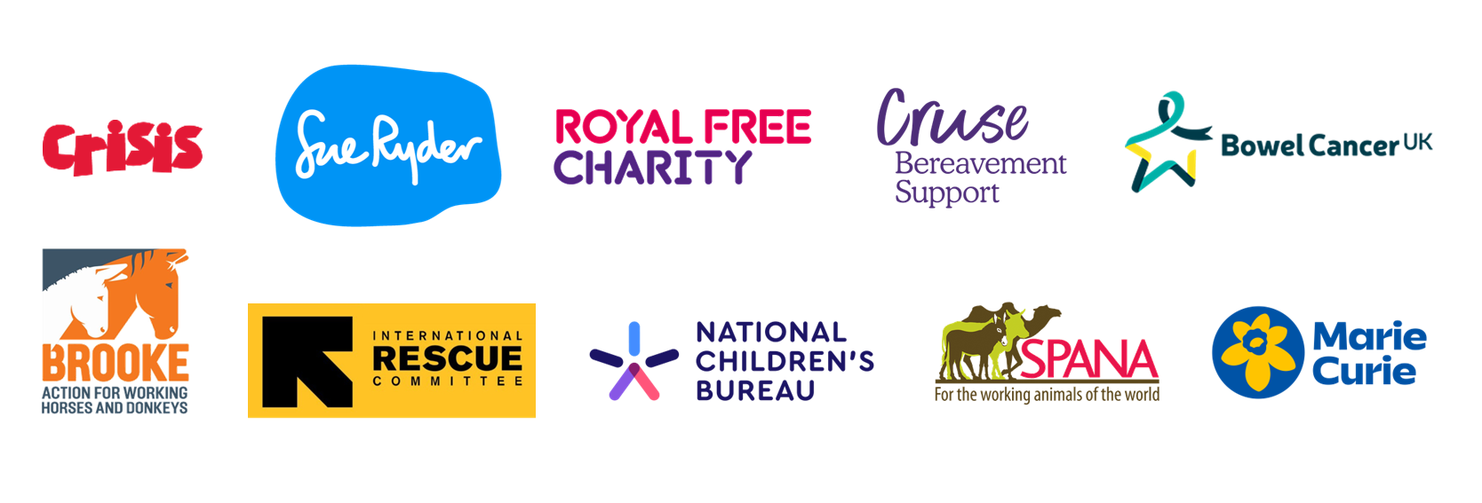 Logos of various charities, including Crisis, Sue Ryder, Royal Free Charity, and Bowel Cancer UK.