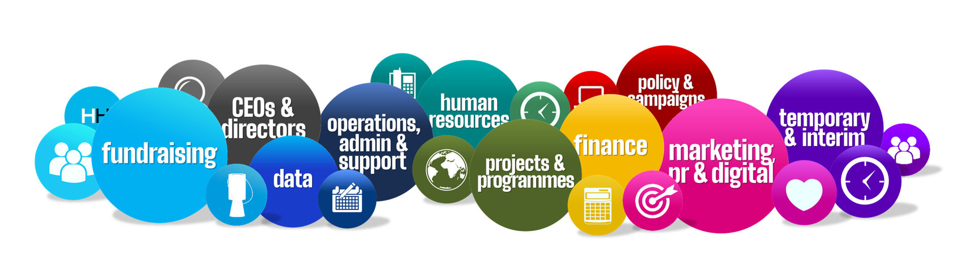 Colorful circles with text inside, representing various business functions.