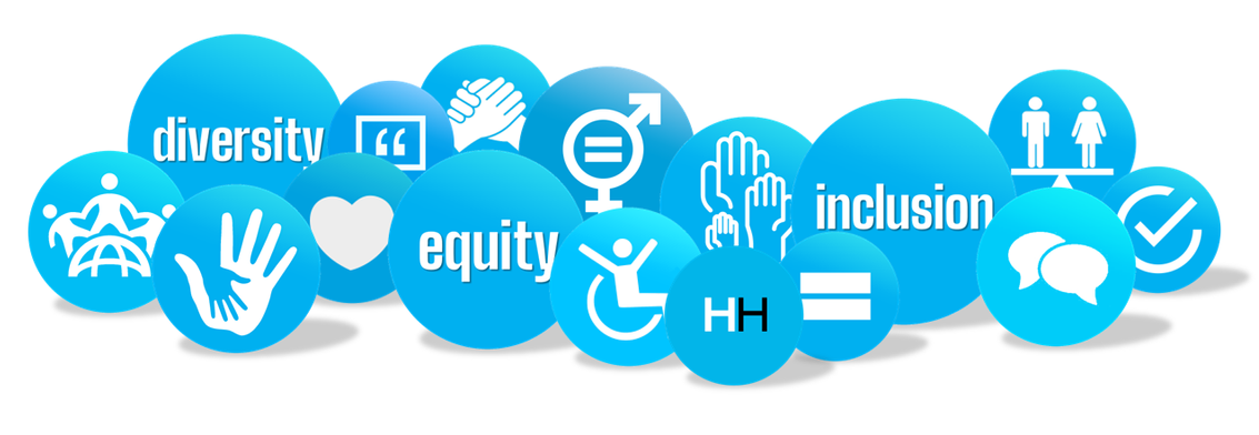 Blue spheres with icons and text representing diversity, equity, and inclusion.