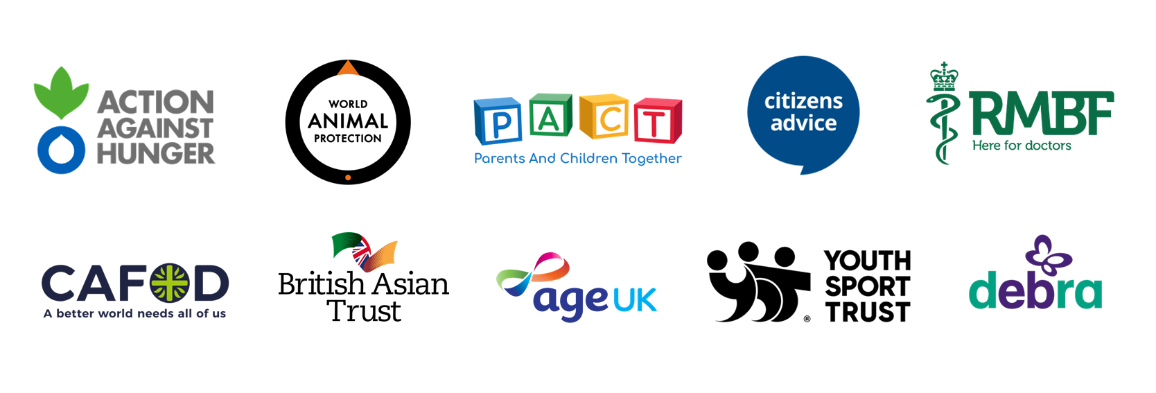 Logos of various charities, including Action Against Hunger and CAFOD.