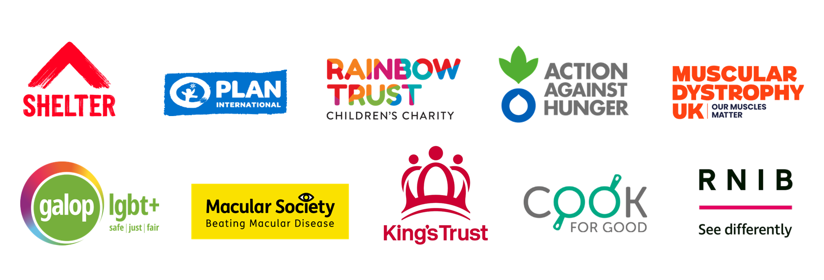 Logos of various charities, including Shelter, Plan International, and Action Against Hunger.