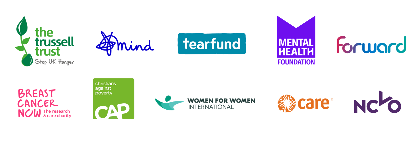 Logos of various charities, including Trussell Trust, Mind, Tearfund, and others.