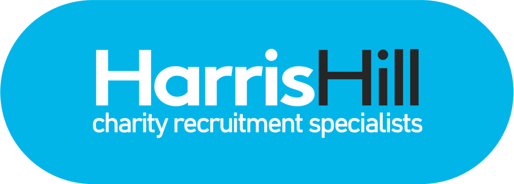 Harris Hill charity recruitment specialists logo, blue rounded rectangle with white text 