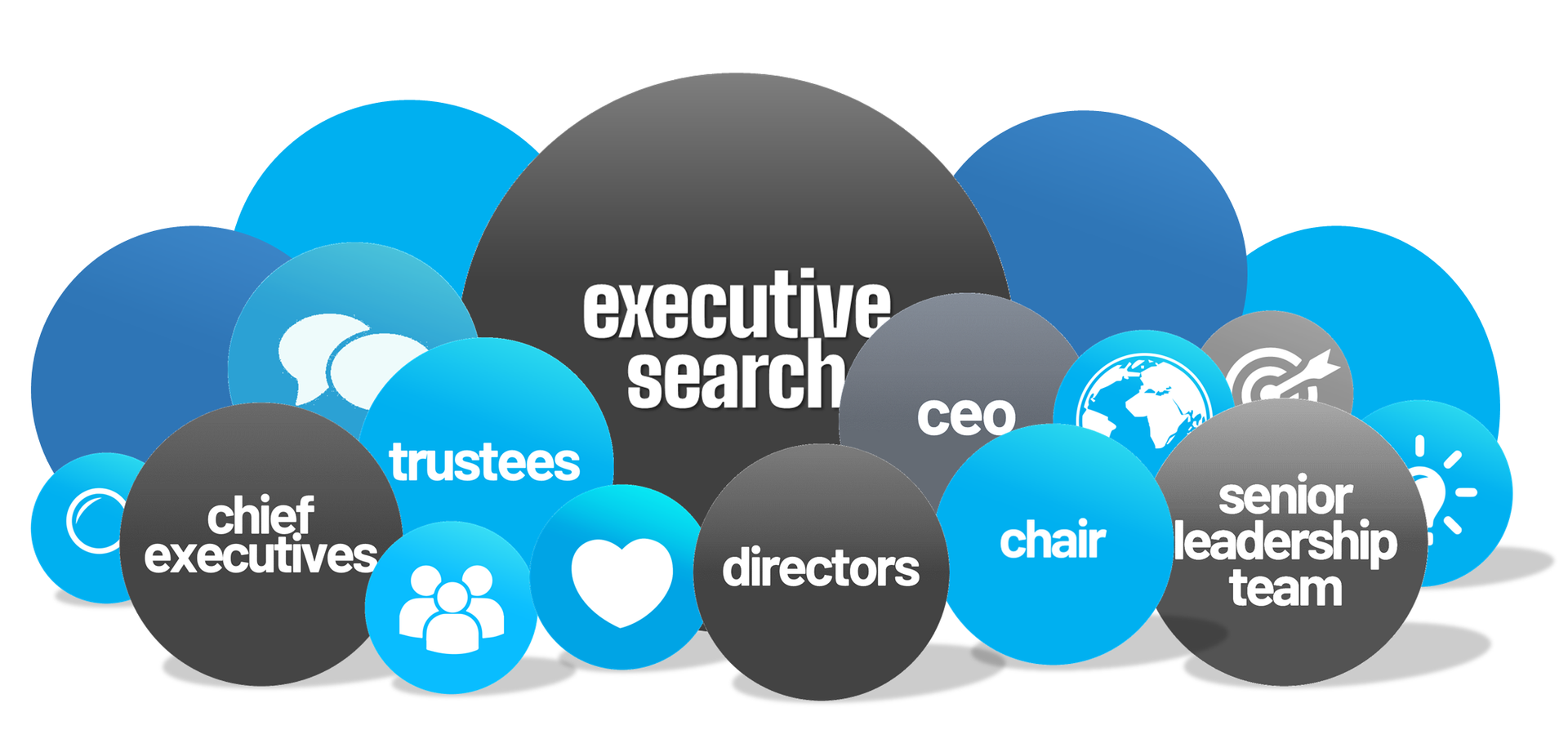 Bubbles with text: executive search, chief executives, directors, senior leadership team, etc.