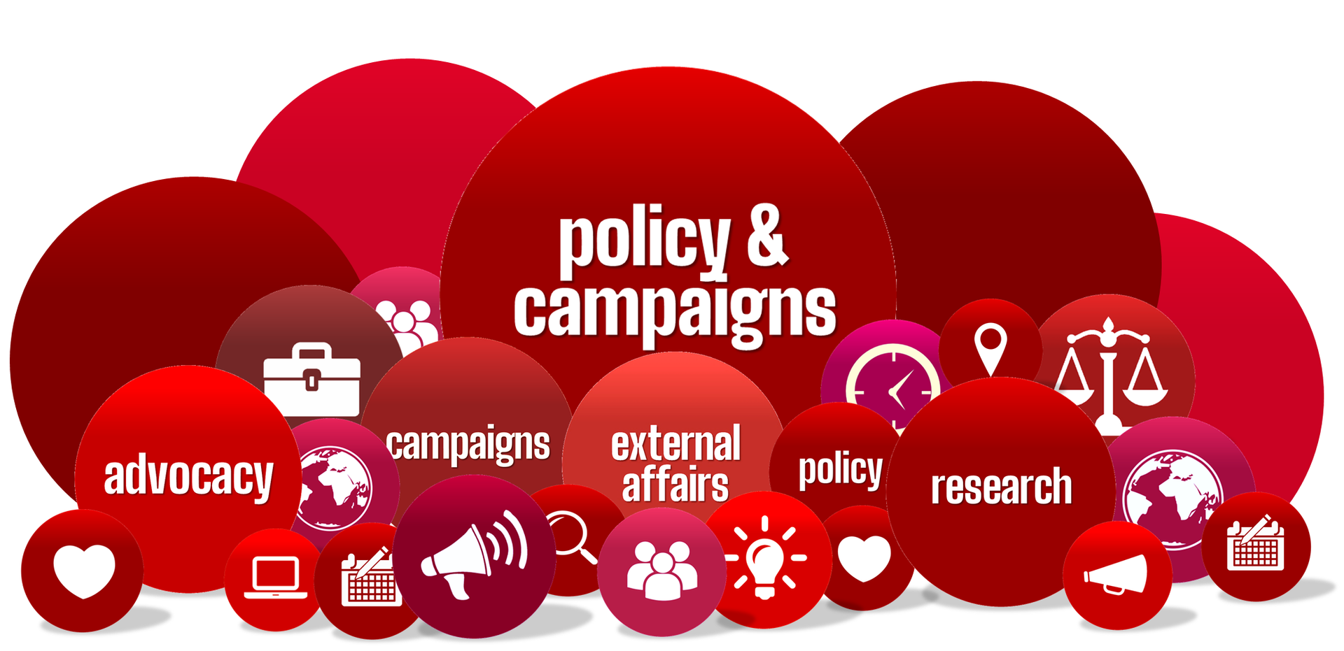Red circles with white text and icons, representing policy and campaigns, advocacy, research, and external affairs.