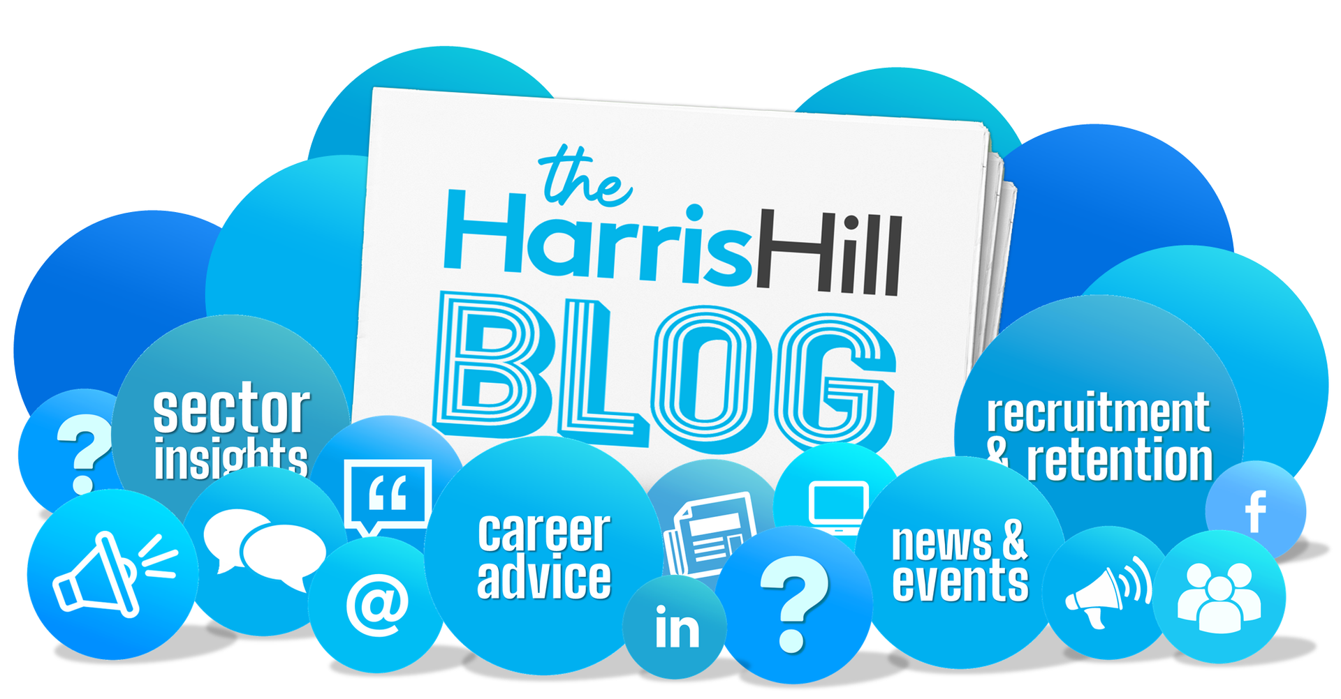 The Harris Hill Blog logo with the blog title and icons for sector insights, career advice, and recruitment.