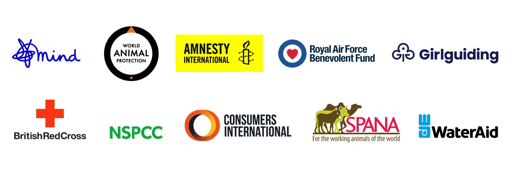 Logos of various charities, including Mind, Amnesty International, and WaterAid.
