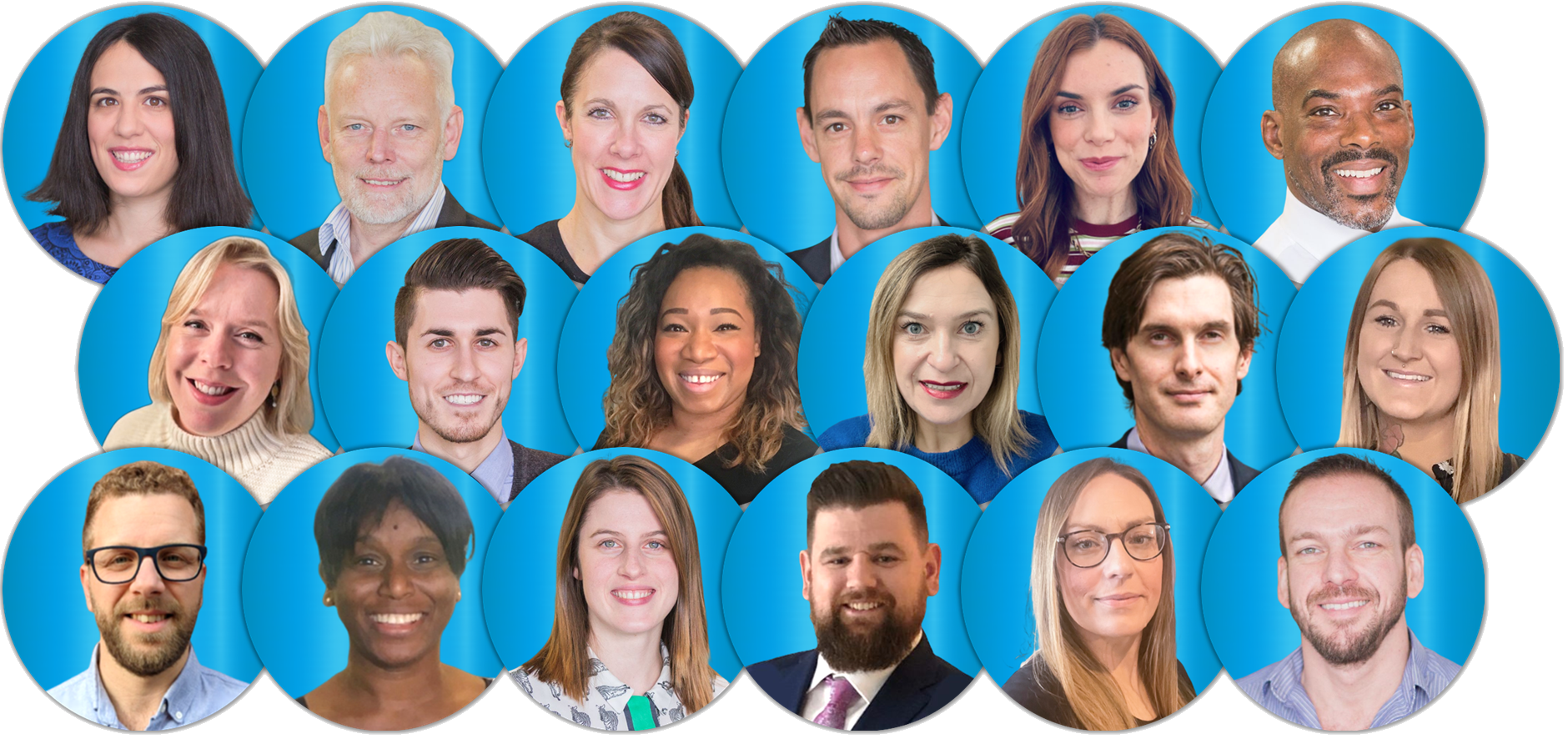 Collection of people's headshots in blue circular backgrounds.
