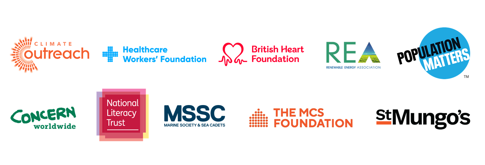Logos of various organizations, including Climate Outreach, British Heart Foundation, and Population Matters.