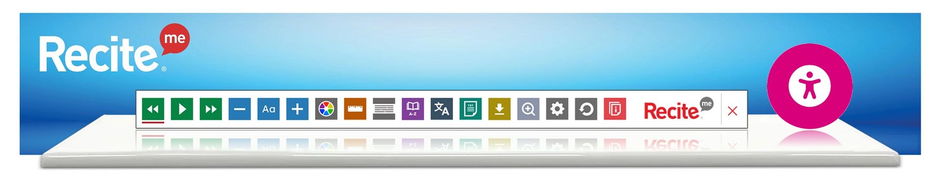 Recite toolbar with icons on a blue background, a pink circle icon on the right.